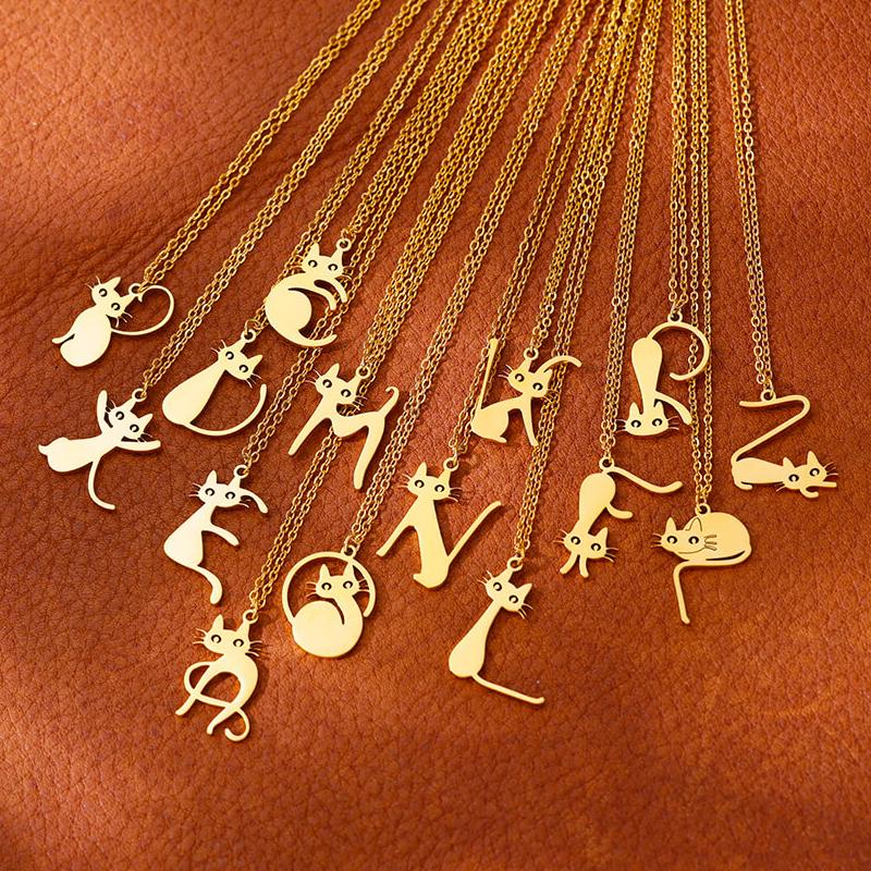 Stainless Steel Initial Letter Cat Pendant Necklace for Women Gold Color Animal Alphabet Necklaces Charm Fashion Jewelry Gifts