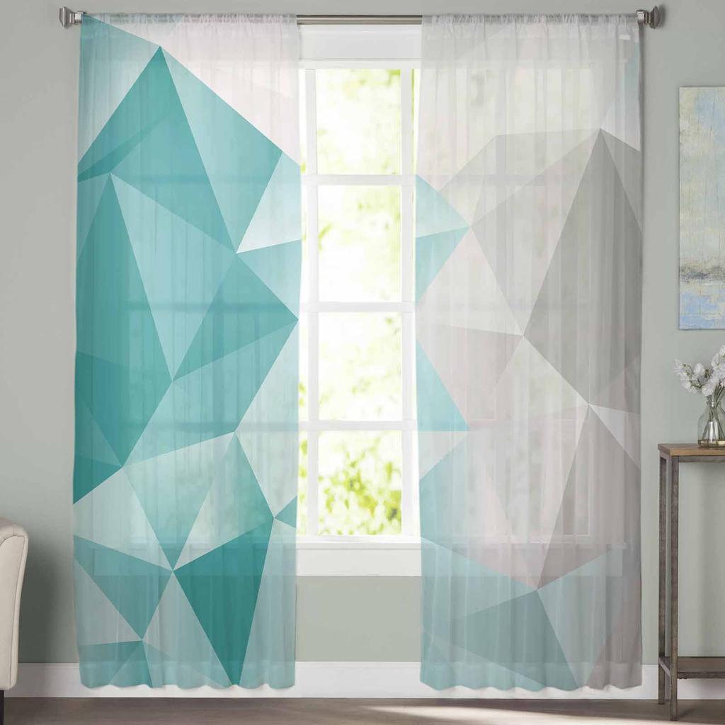 Abstract Gradient Blue-Green Gray Triangle Window Tulle Curtains for Living Room Bedroom Hotel Luxury Decoration Sheer Curtains