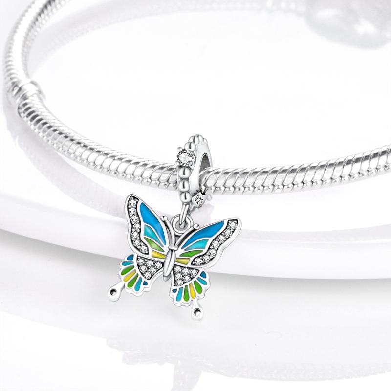 925 Sterling Silver Růžová Modrá Butterfly Dragonfly Charms Korálky pro ženy Vhodné originální náramek Diy šperky značkovací dívka