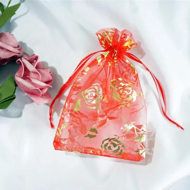 50piece Gold Stamp Rose Pattern Gauze Bag Colorful Pull Rope Self Sealing Storage Bags Candy Gift Accessory Package Jewelry Pouc