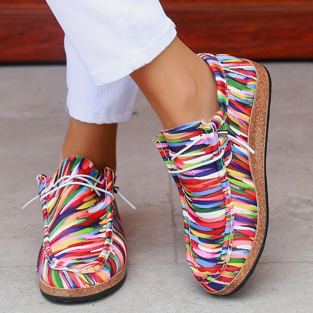 Women's Sexy Striped Casual Shoes - All-Season Flat Sneakers with Plain Toe, Hand Washable Fabric Upper Faux Cover Insole