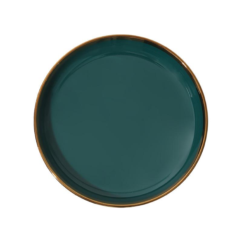 Set de Veselă Ceramică Nordică de Lux cu Margine Aurie: Farfurii, Boluri și Linguri.