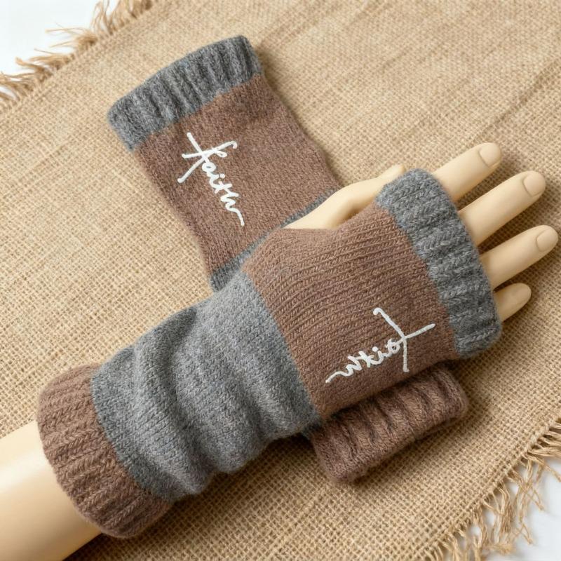 Gants en tricot sans doigts avec broderie de chat et patchwork, Gants décontractés ouverts aux doigts tendance pour femme, Mitaines chaudes d'hiver sans doigts