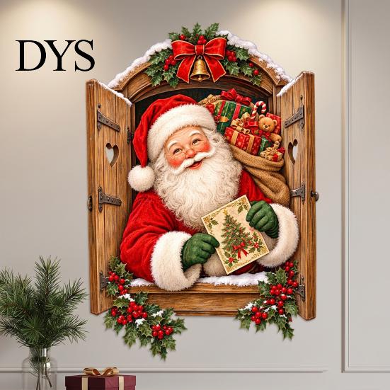 Self Adhesive Glass Stickers 3D Santa Claus Christmas Wall Sticker, Vintage Through Wooden Window Decal, Seasonal Home Decorations Removable Peel And