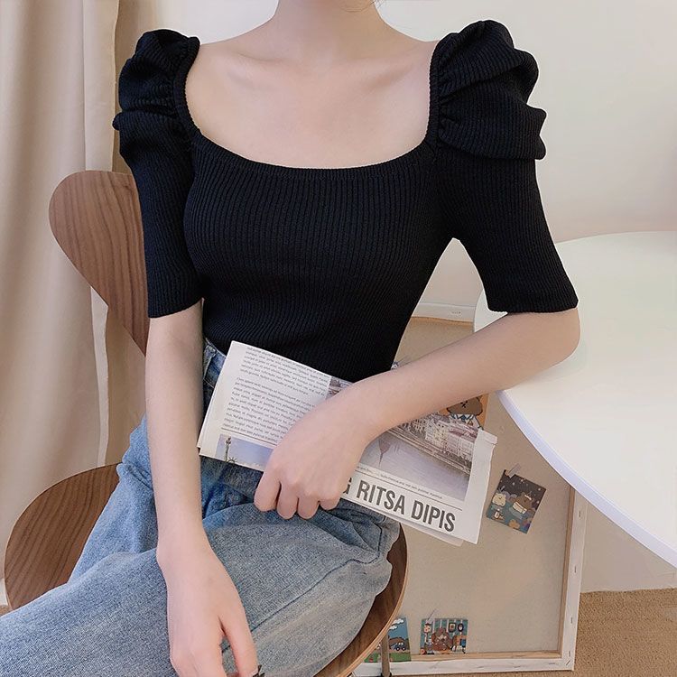 Summer Design Retro Square Neck Slim Knit Top Short Sleeved T-shirt for Women