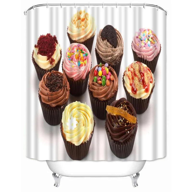

Dessert Cupcake Printed Shower Curtains Delicious Food Bathroom Curtain Waterproof Fabric Screen Home Decoration With Hooks W60H190(CM)-1 Pcs