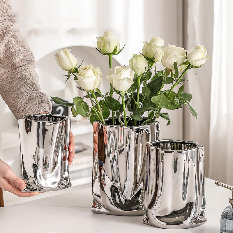 Moderne Keramik-Plissee-Galvanikvase, Hydrokultur-Blumen, getrocknete Blumen, Wohnzimmer-Dekoration, kreative Heimdekoration