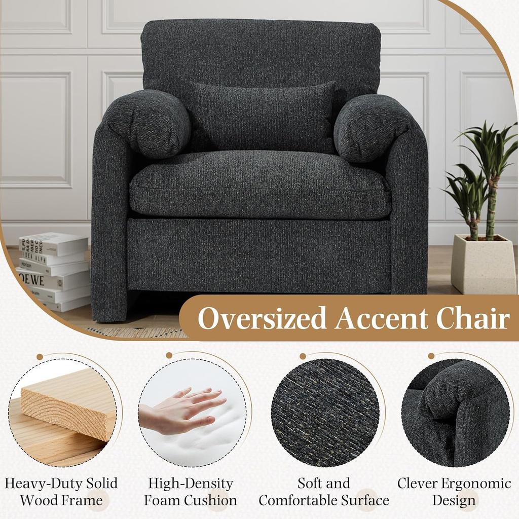 YODOLLA Armchair Sofa for Living Room, Large Single Sofa Padded Seat with Lumbar Pillow, Velvet Morden Accent Chairs, Black