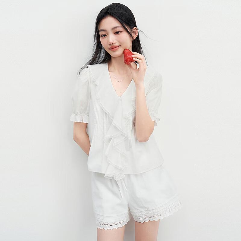 

Women s Cloud White Pure Cotton Puff Sleeve V-Neck Top L