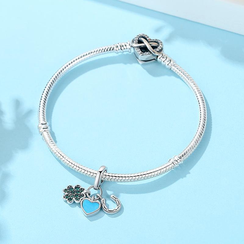 Original 925 Sterling Copper Charms Lucky Clover Horseshoe Hamsa Hand Bead Fit Brand Bracelets Necklaces DIY Zircon For Women