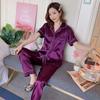Solid color ice silk pajamas women's long-sleeved cardigan simulation silk spring summer loungewear women's autumn suit breathable