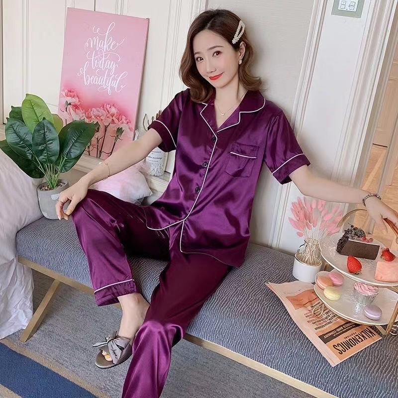 Solid color ice silk pajamas women's long-sleeved cardigan simulation silk spring summer loungewear women's autumn suit breathable