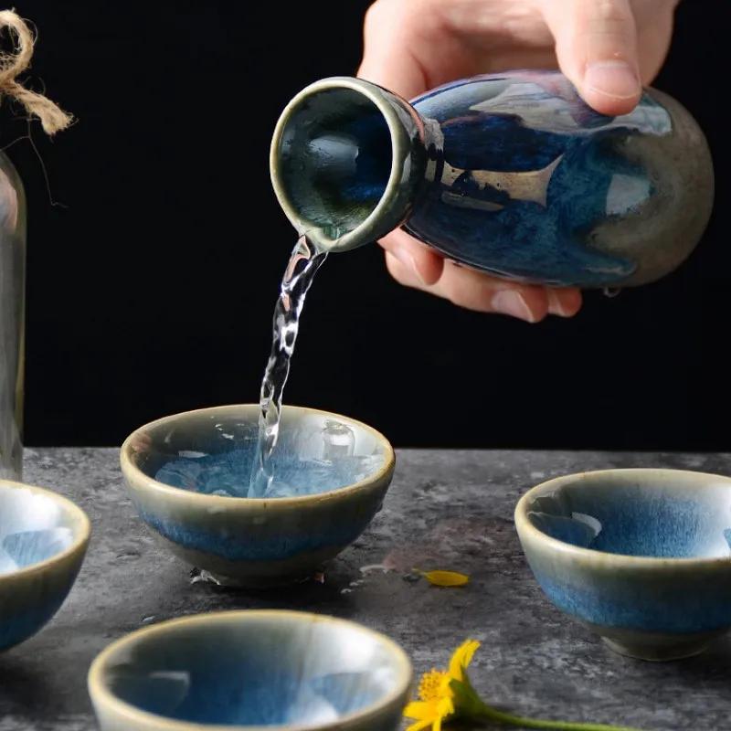 Jarra de Sake Vintage Japonesa Cerámica Azul Cambio de Horno Copa de Vino Dispensador de Vino Shochu para el Hogar Restaurante de Sushi Utensilios para Beber Regalos