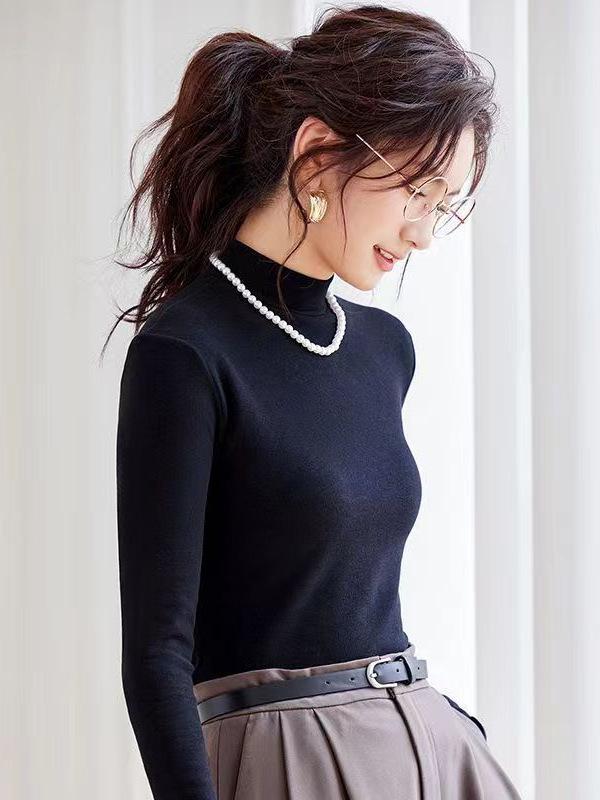 Women's Slimming Long-Sleeve German Velvet T-shirt, Solid Color, Versatile Autumn/Winter Fashion Top with Half-High Collar