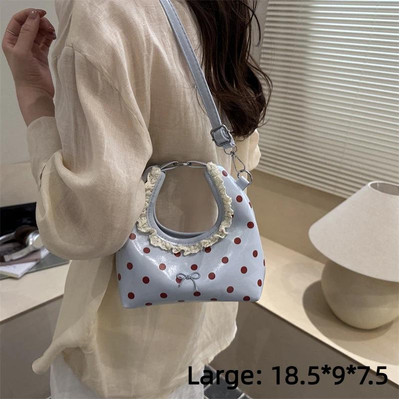 Polka Dot PU Leather Bag with Detachable Strap Lace Ruffled Handle Cute Bow Casual Purse for Daily Use