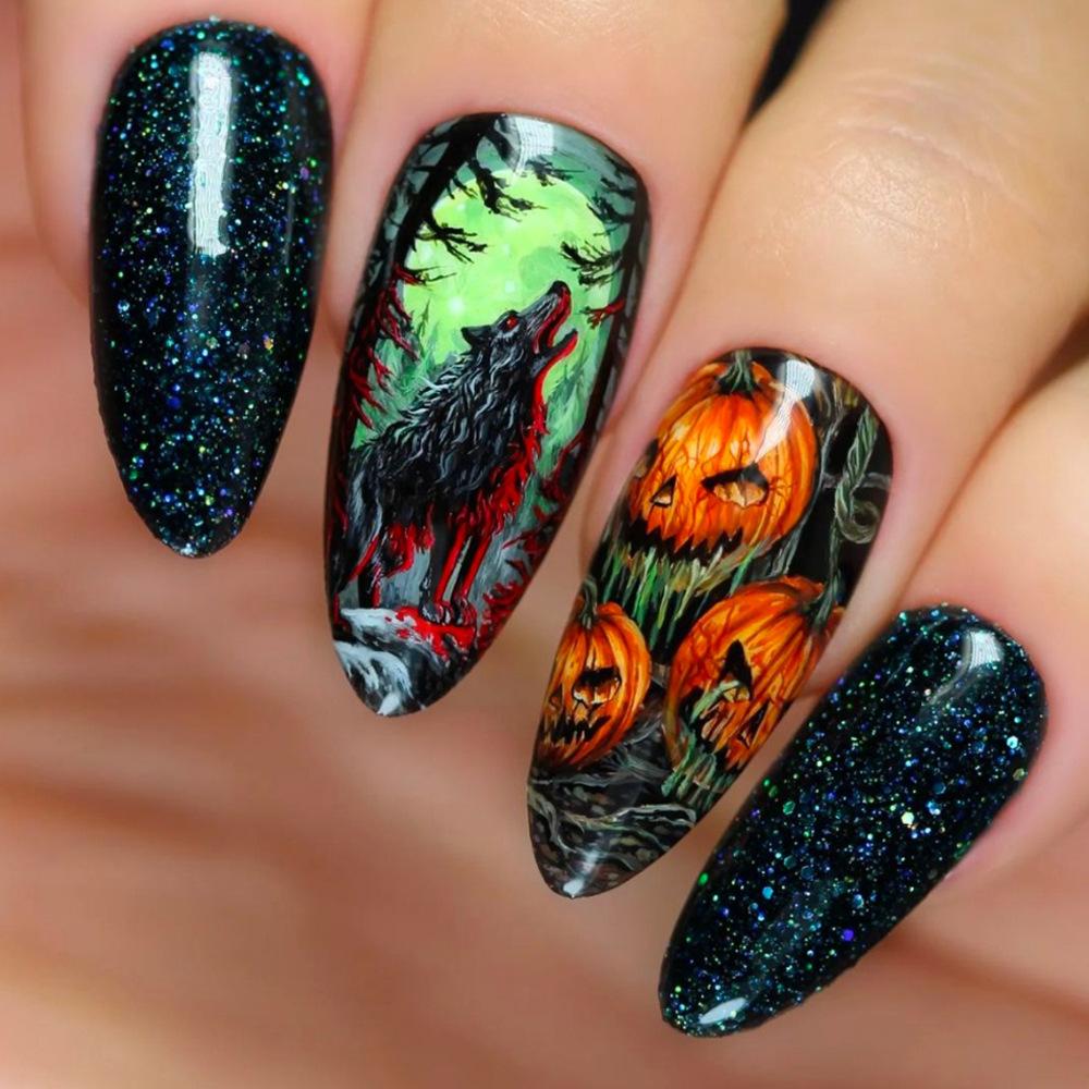 24Pcs Halloween Press On Nails Medium Almond Fake Nails Pumpkin Ghost Spider Web Design Full Cover False Nail Tips