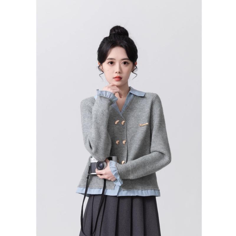 Fake Two-piece Neck Sweater Women's Spring and Autumn New College Style Splicing Knitted Cardigan Jacket Short Top