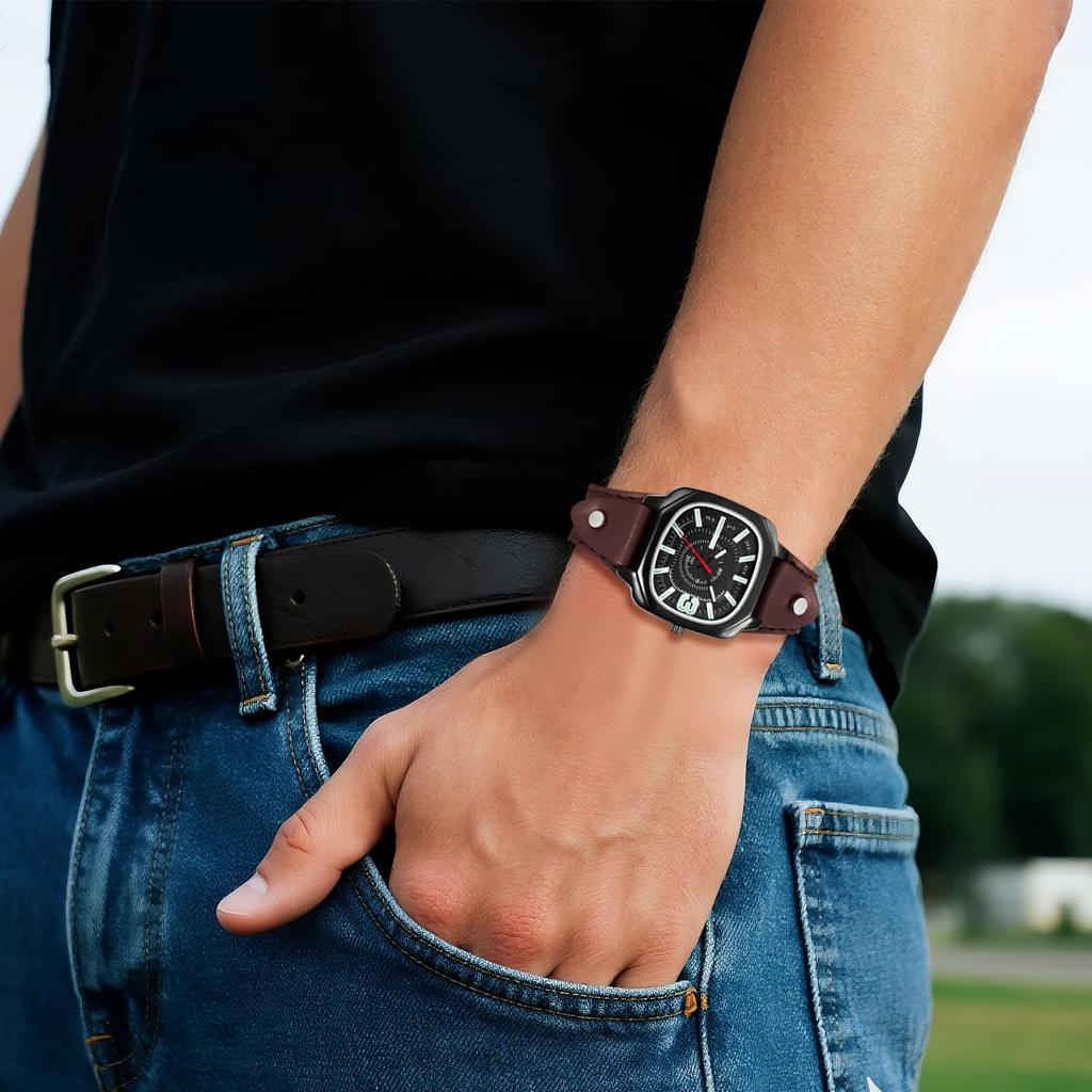 Square Watch with Genuine Leather Strap and Luminous Analog Large Quartz Watch with Adjustable Unisex Perfect Gift for or Any Men's Display Retro,