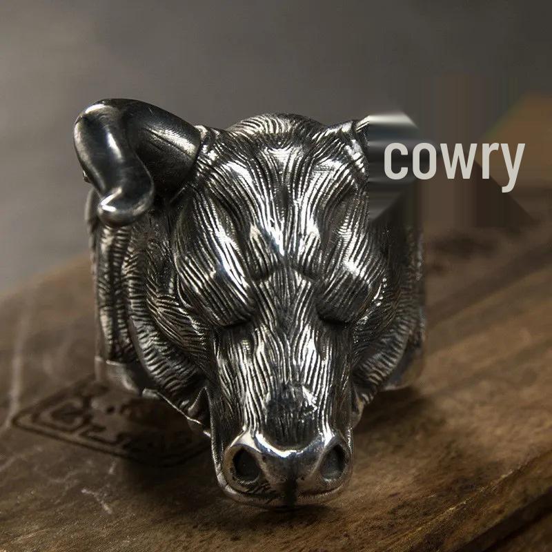 Yintai Feifei Zodiac Ox Silver Ring - Bold Bull Head for Men, Year of the Ox Finger Jewelry