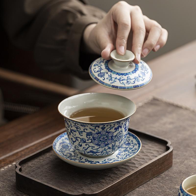 Ru Kiln Twined Branch Lotus Sancai Cover Bowl Chinese High-end Ceramic Tea Bowl Kung Fu Tea Set Cover Bowl Cup Single Tea Ware