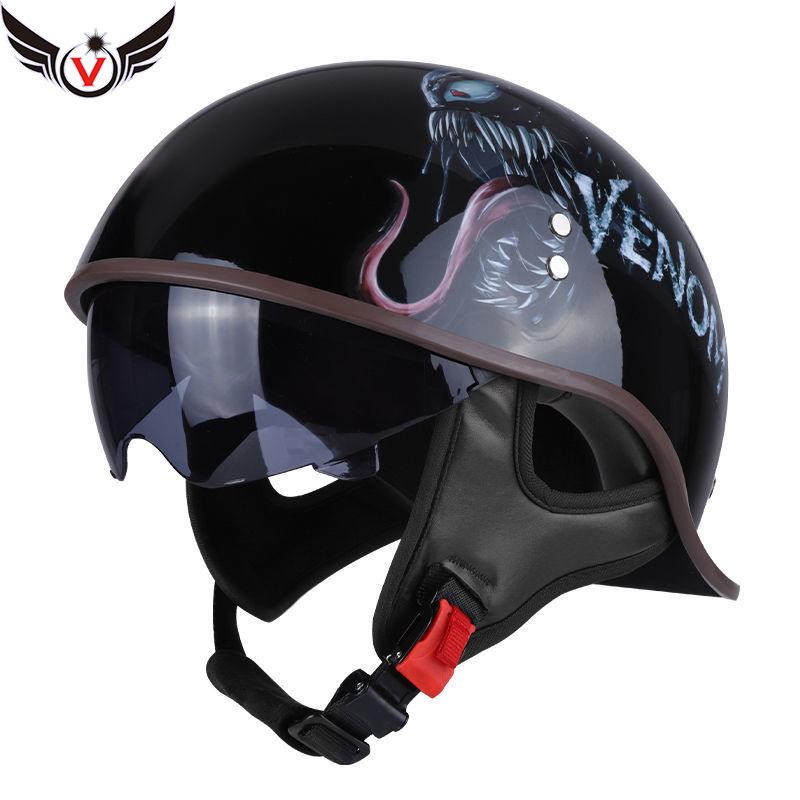 Motorcycle Helmet Men's Summer Half Helmet Retro Women's Electric Car, Locomotive Lightweight Scoop Helmet with Endoscope