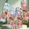 1PC Heart Floral Patchwork Quilt Print 750ml Color Plastic Sports Water Bottle Leakproof Flip Straw Lid Suitable for Sports Office Home Use