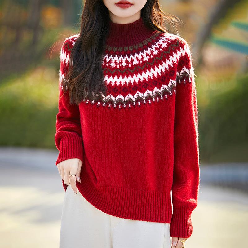Red Retro Jacquard Wool Sweater For Women Looking Thin And Lazy Style Turtleneck Thickened Sweater Loose Knit Bottoming Shirt New