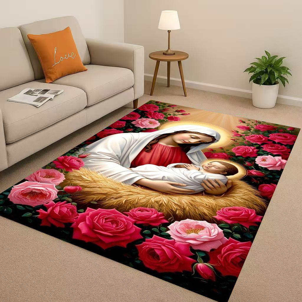 Retro Jesus Virgin Mary Art Living Room Non Slip Area Rug Soft Carpet for Bedroom Playroom Sofa,Easy Clean Home Decor Doormat