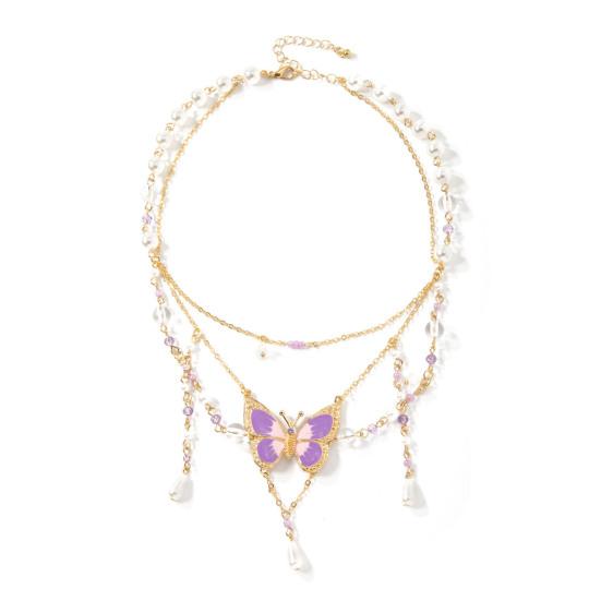 Women Necklace Multi Layer Chain Imitation Pearls Decor Butterflies Charm Choker Necklace Adjustable Length Neck Jewelry