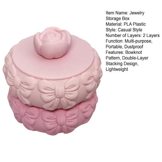 Jewelry Storage Box PLA Plastic Double-Layer Stackable Design Soft Pink Jewelry Holder with Bow Pattern Portable Jewelry Organizer Gift