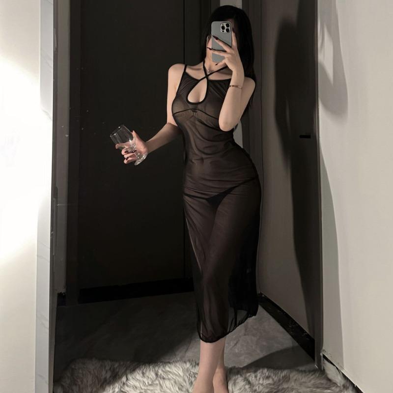 Nightclub Backless Perspective Elastic Sexy Slim Slim Slim Mesh Dress Ultra-thin Suspender Dress Home