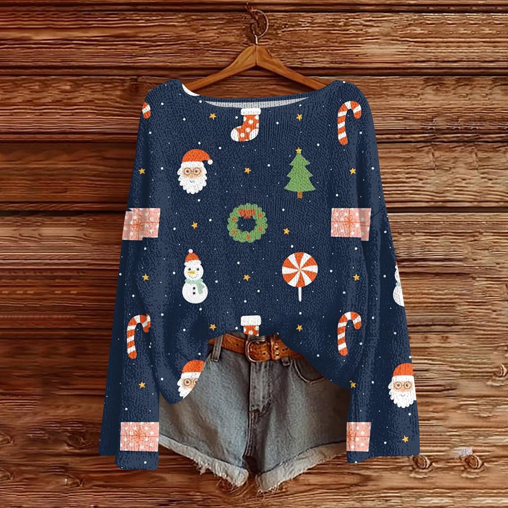 Women's Fashionable Oversized Knitwear Long-Sleeved Christmas Print Top