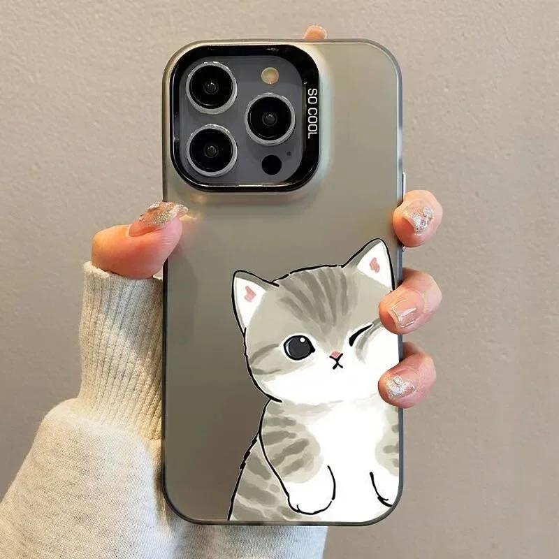 Funny Cartoon Cat Lover Couple Phone Case for IPhone 13 12 Mini 14 15 16 11 Pro Max Plus Hard Laser Cover Paired Fundas