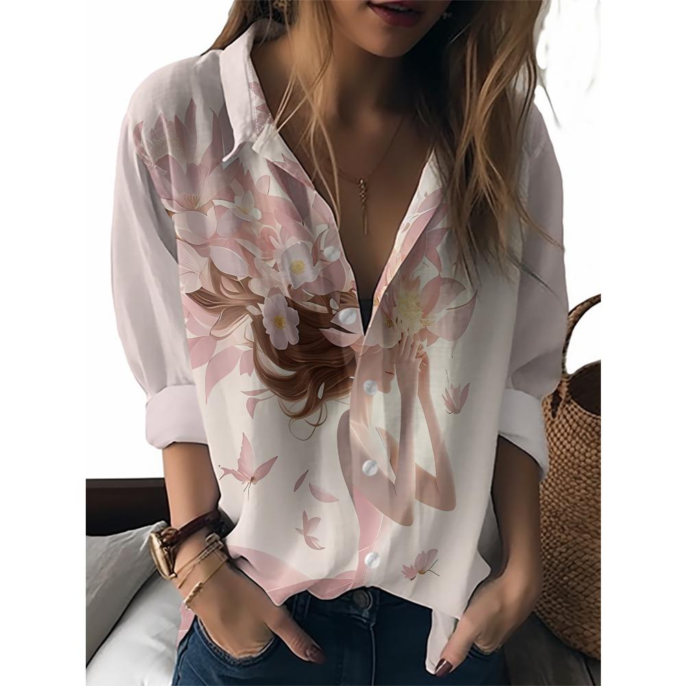 Sommer Minimalistisches Hemd mit Digitalem Blumenprint Knopfleistenhemd Oberteil für Damen Hawaiianischer Strandurlaub Lässiges Hemd