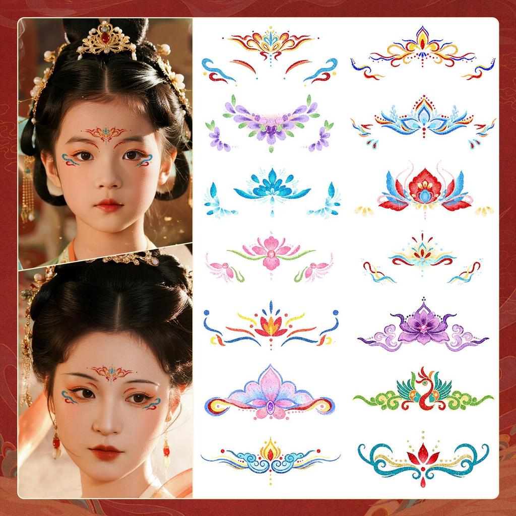 Ancient Style Dunhuang Glitter Face and Forehead Tattoo Stickers for Hanfu Costumes