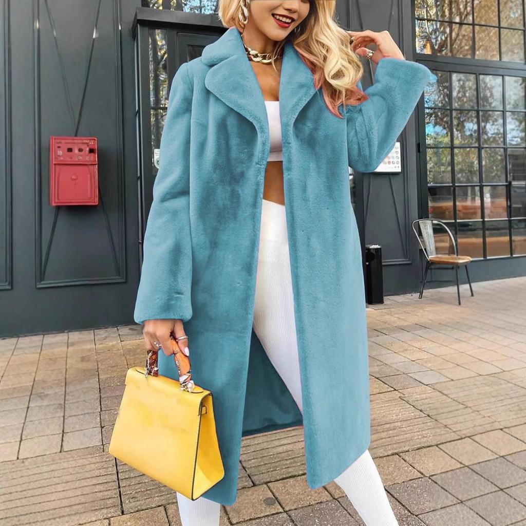 2024 Autumn/Winter Women's Fashion Elegant Tie-Waist Turn-Down Collar Plush Long Coat