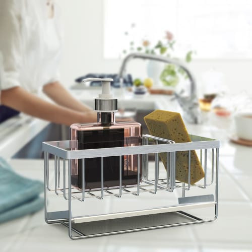 mengmiandaxia Stainless Steel Sponge Rack, Sponge Holder, Rust-Resistant, Kitchen Sponge Detergent Holder, with Movable Divider for Bathroom/Kitchen S