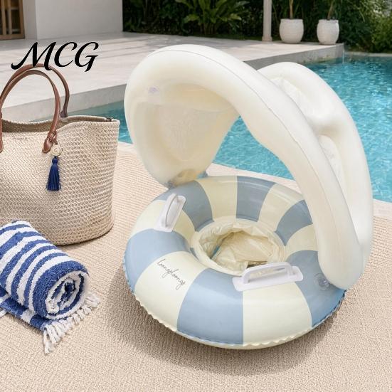 Aufblasbarer Schwimmring Baby mit abnehmbarem Verdeck, Gestreifter Pool Schwimmring Sitz Schwimmgriff, Sonnenschutz Schwimmen für Kleinkinder Kleinkind
