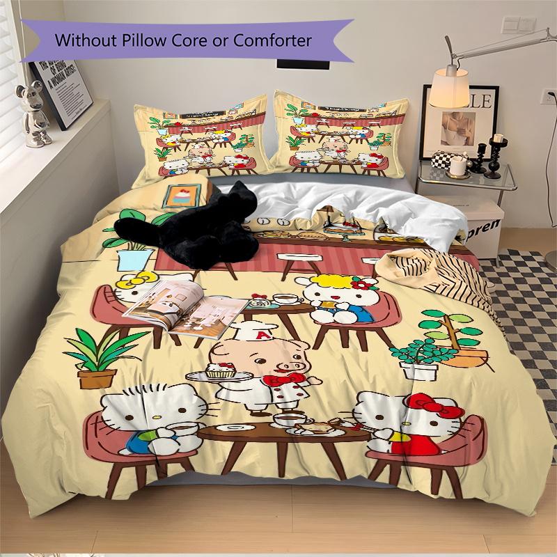 3pcs Hello Kitty in a Dessert Shop Bedding Set Includes Quilt Cover and Pillowcases, Suitable for All Seasons, Machine Washable Ideal Gift W043