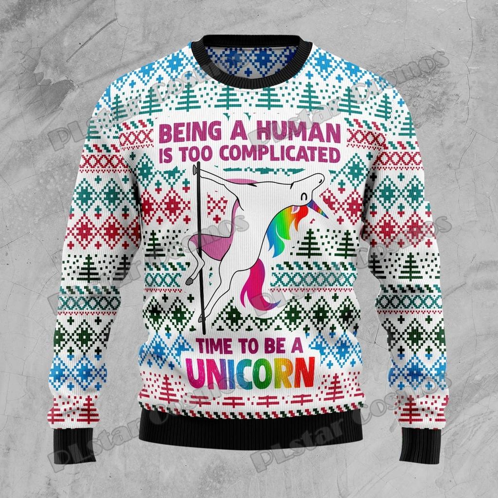 PLstar Cosmos Unicorn Merry Christmas 3D Printed Men's Ugly Christmas Sweater Winter Unisex Casual Knit Pullover Sweater ZZM35