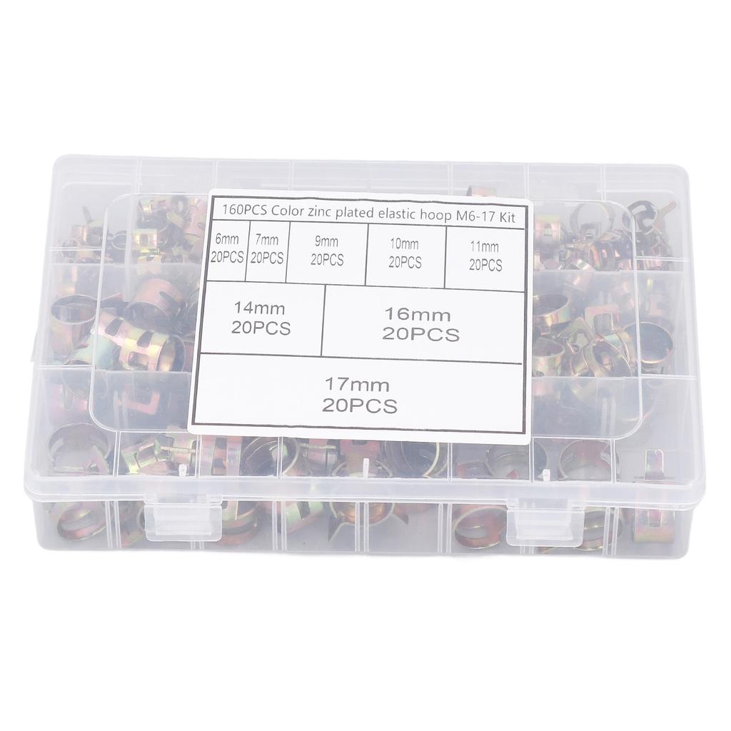 160 Stück Feder-Schlauchschellen 8 Typen 6–17 mm Federband-Typ Clip-Befestigungselemente Sortiment zum Befestigen