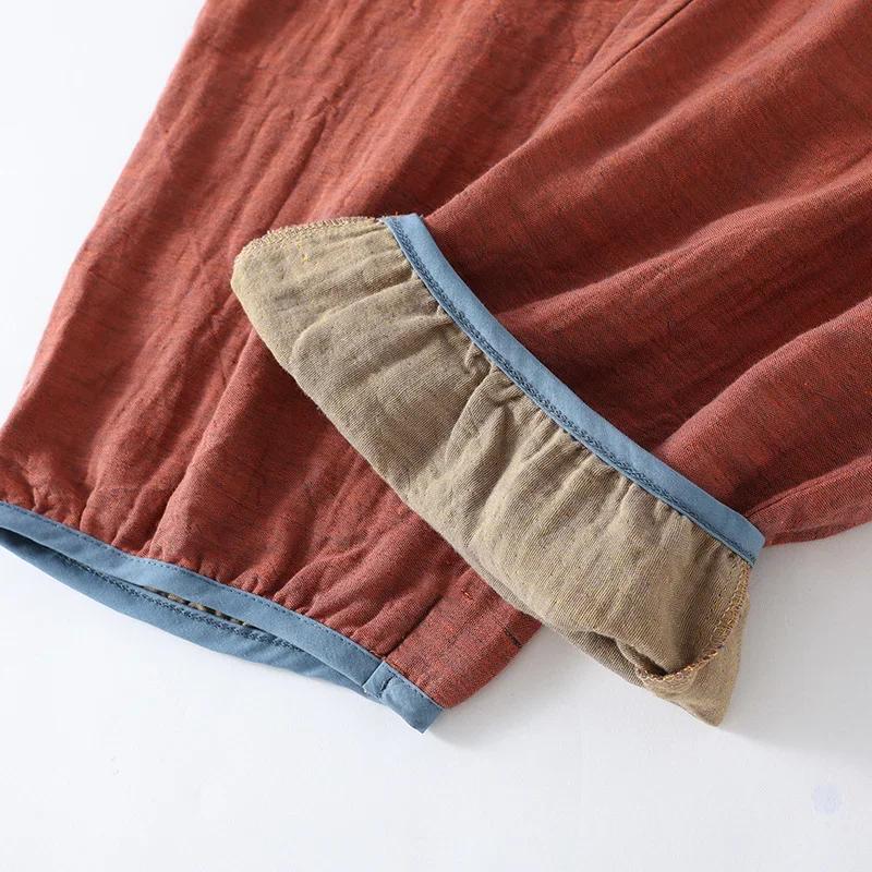 Baumwollpyjama im chinesischen Stil für Damen, doppellagige Gaze, langärmelige Hose, Loungewear, V-Ausschnitt, Heimkleidung, 2-teiliges Set