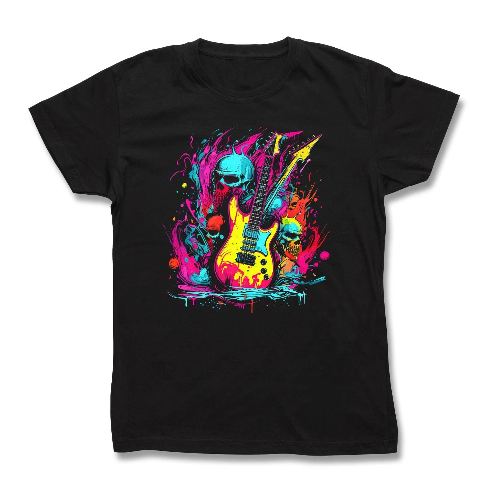 Neon style Skull Guitar T-Shirt Dripping Street Art Heavy Metal Rock Tattoo Tee M