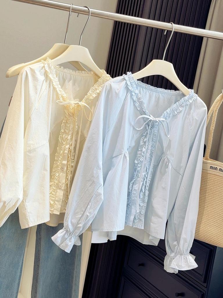 Korean Style Ruffle Patchwork Long-Sleeve V-Neck Lantern Top for Women - Spring Design