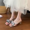 High heels women's cool slippers summer wear crystal sandals thick heel widened large size women's shoes