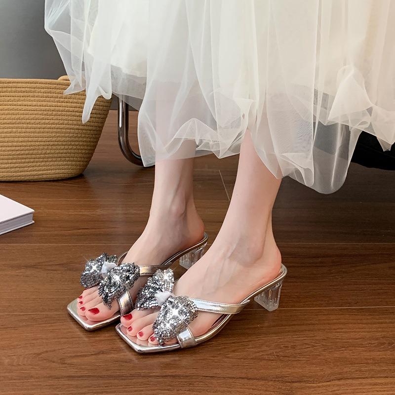 High heels women's cool slippers summer wear crystal sandals thick heel widened large size women's shoes