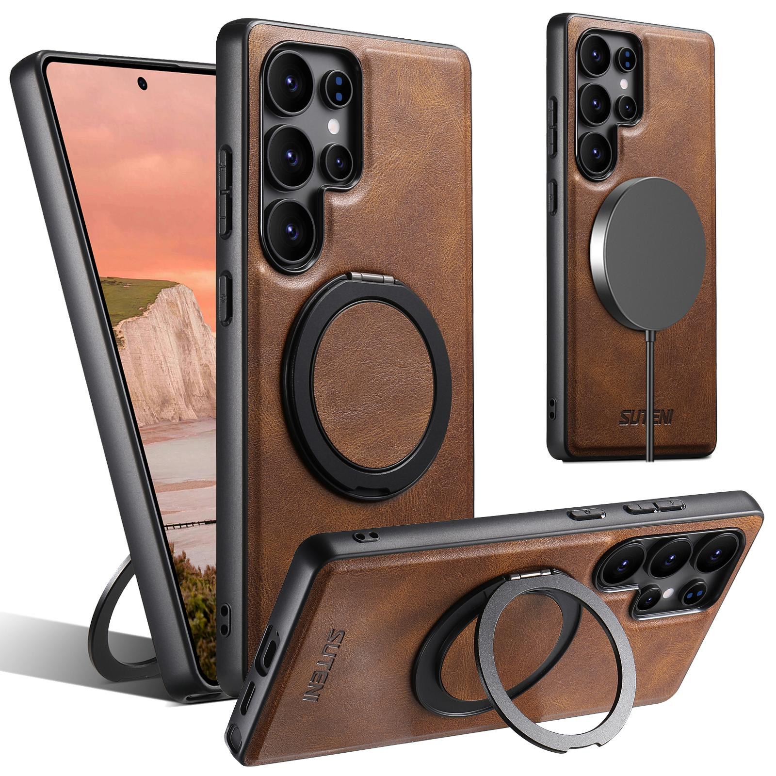 

SUTENI G3 Чехол для Samsung Galaxy S23 Ultra Совместимый с MagSafe Восковая текстура Вращающаяся на 360° подставка Кожаная задняя крышка для телефона Brown