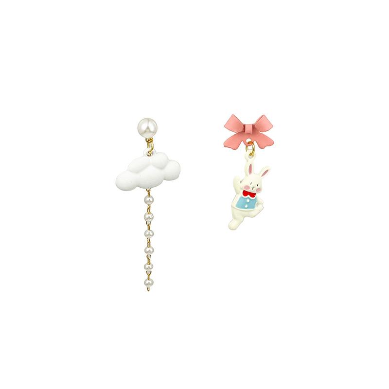 Japanese Cute Cartoon Bunny Cloud Stud Earrings Asymmetrical Chain Color Matching Butterfly Earrings Women S Jewelry