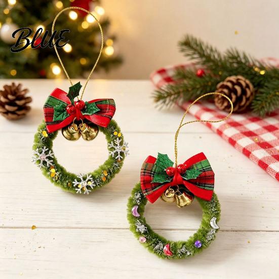 Retro Style Plaid Bow Pendants Mini Christmas Wreath Ornament, Hanging Decoration with And Small Fabric Decorations for Home Metal Bells, Handmade