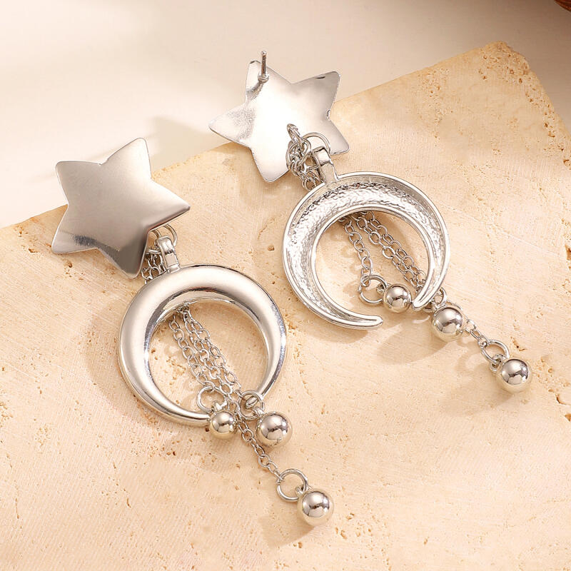 Exaggerated Metal Star Moon Dangle Earrings for Women Ladies Fashion Small Ball Tassel Drop Earrings Party Jewelry Accessories